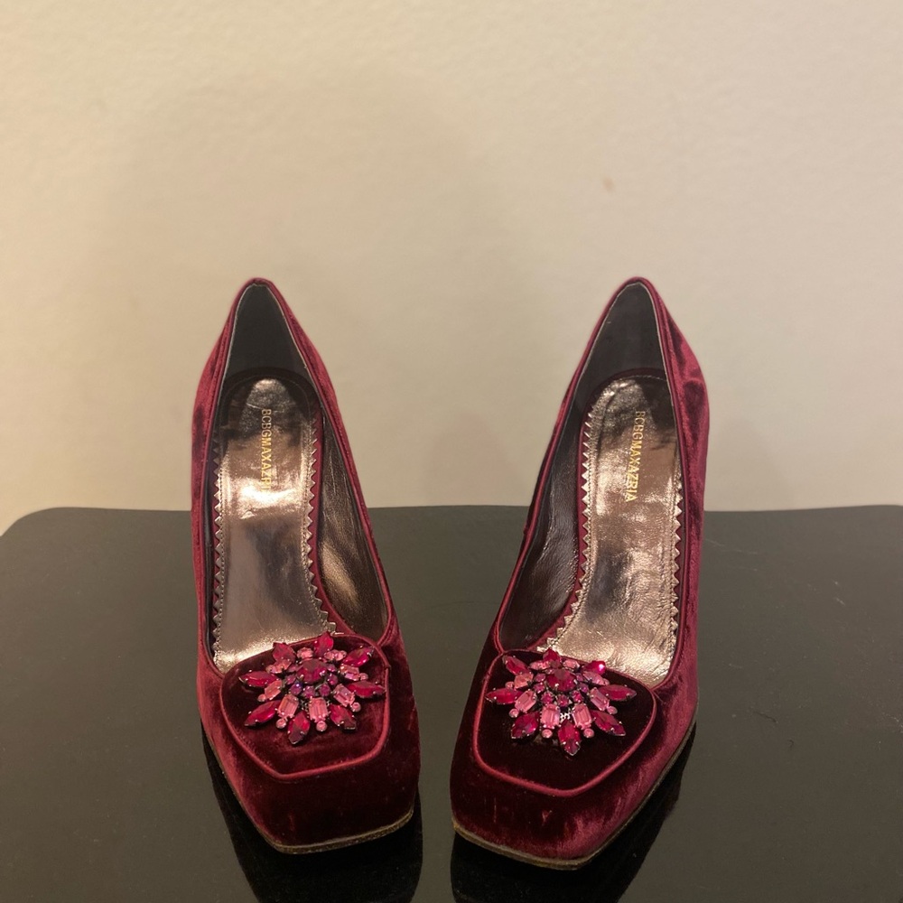 BCBGMaxAzria Burgundy Velvet Heels with Pink Embellishments